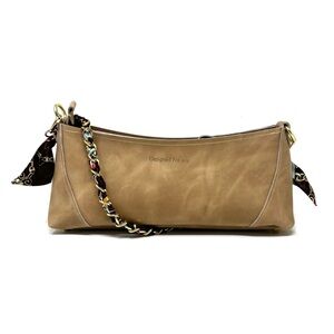 Designed by Joy Birdie Leather Tan Shoulder Bag With Ribbon Strap